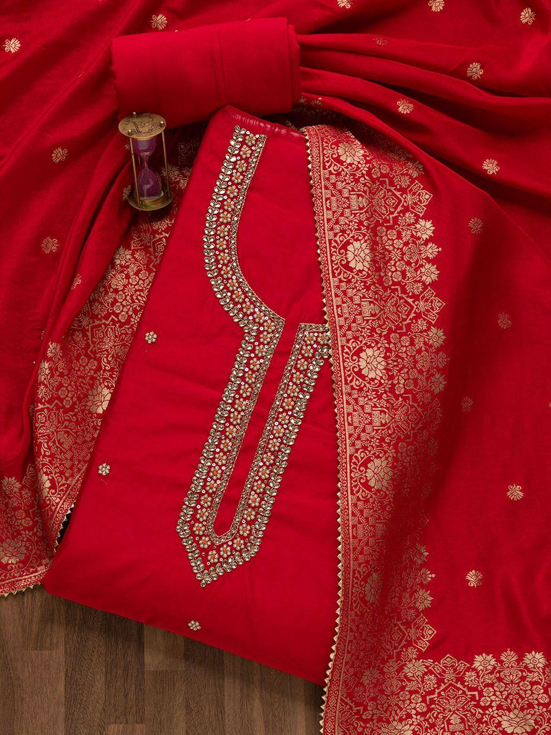 koskii red & gold-toned embroidered art silk unstitched dress material