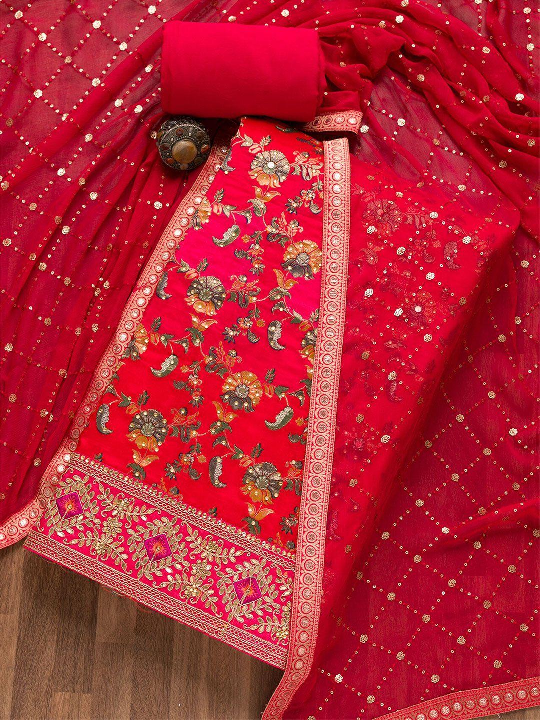 koskii red & green embroidered silk crepe unstitched dress material