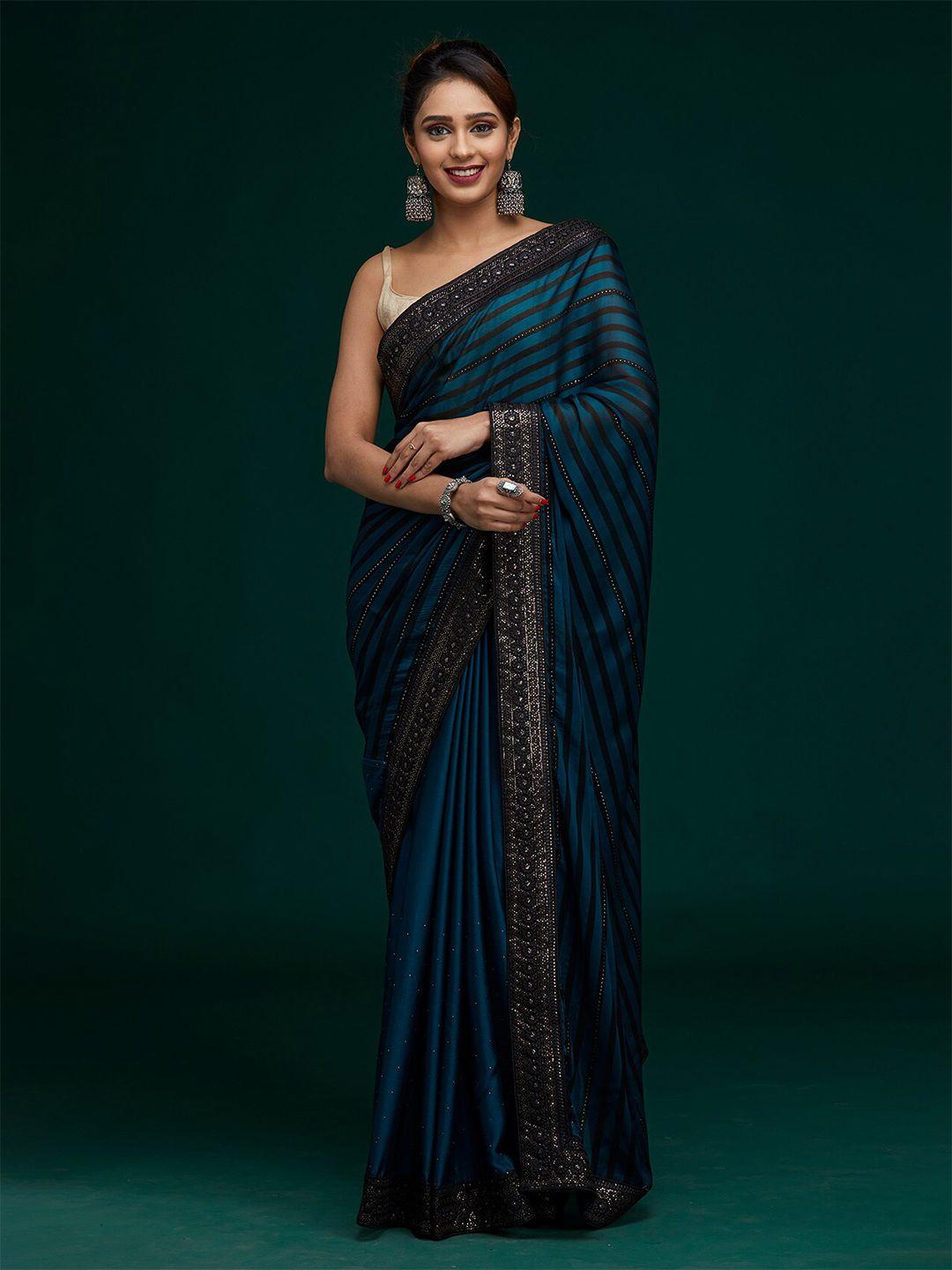 koskii women blue & silver-toned striped sequined saree