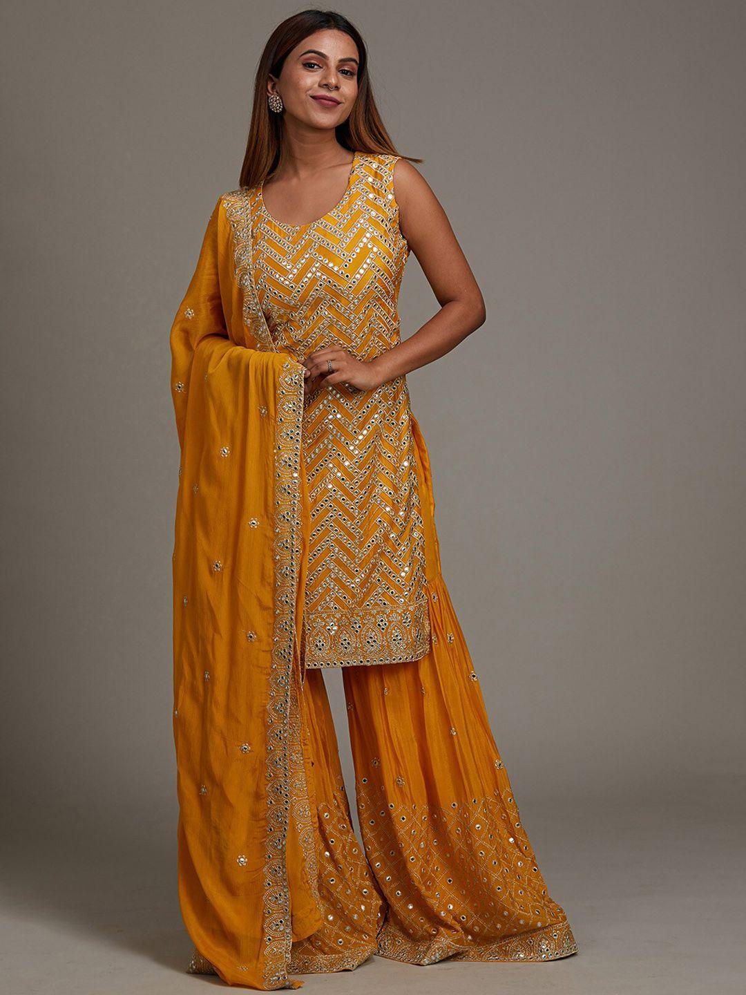koskii women mustard-yellow embroidered kurta set with dupatta