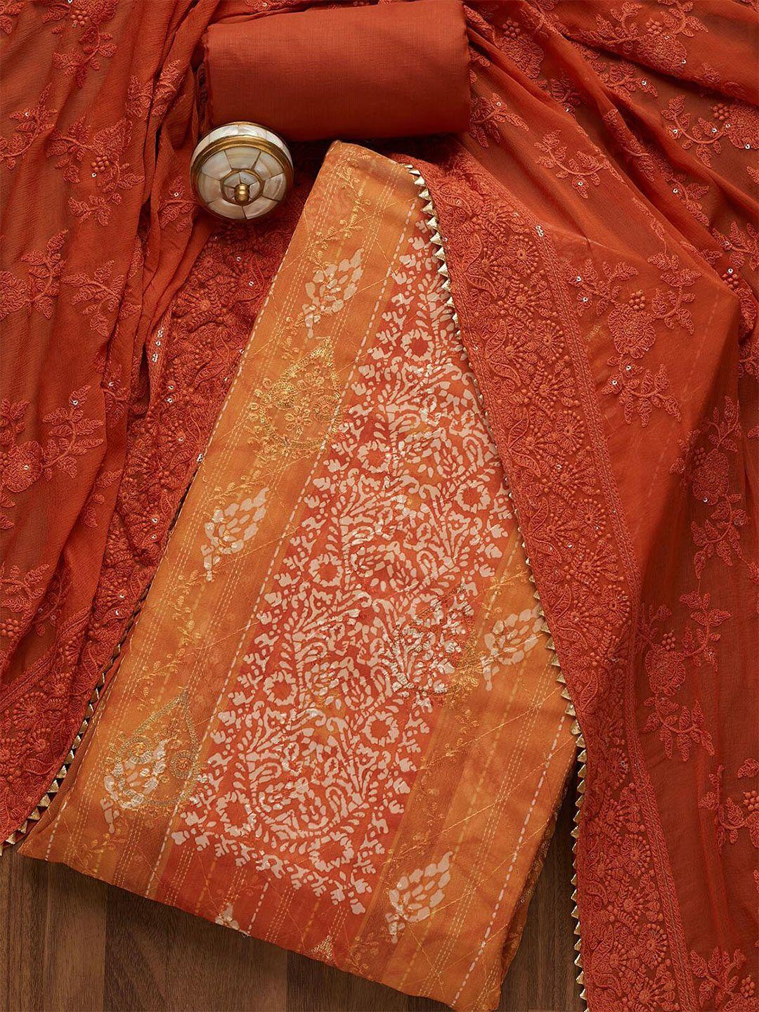 koskii women orange & red embroidered art silk unstitched dress material