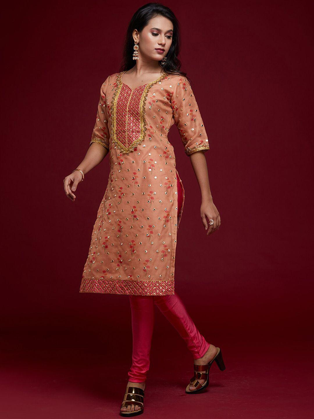 koskii women peach & pink embroidered mirror work kurta with leggings & with dupatta