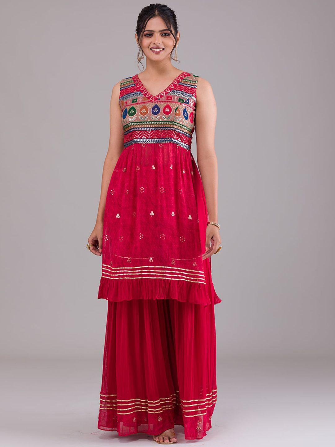 koskii women red ethnic motifs embroidered pleated sequinned kurta with sharara & with dupatta