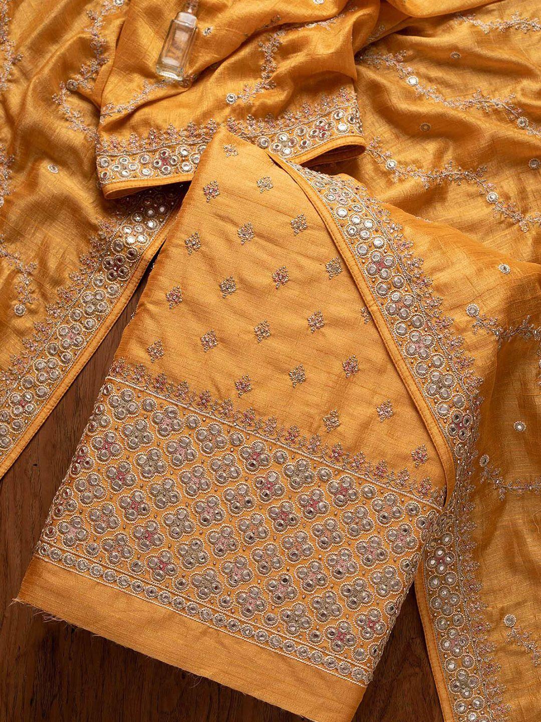 koskii women yellow & gold-toned embroidered art silk unstitched dress material