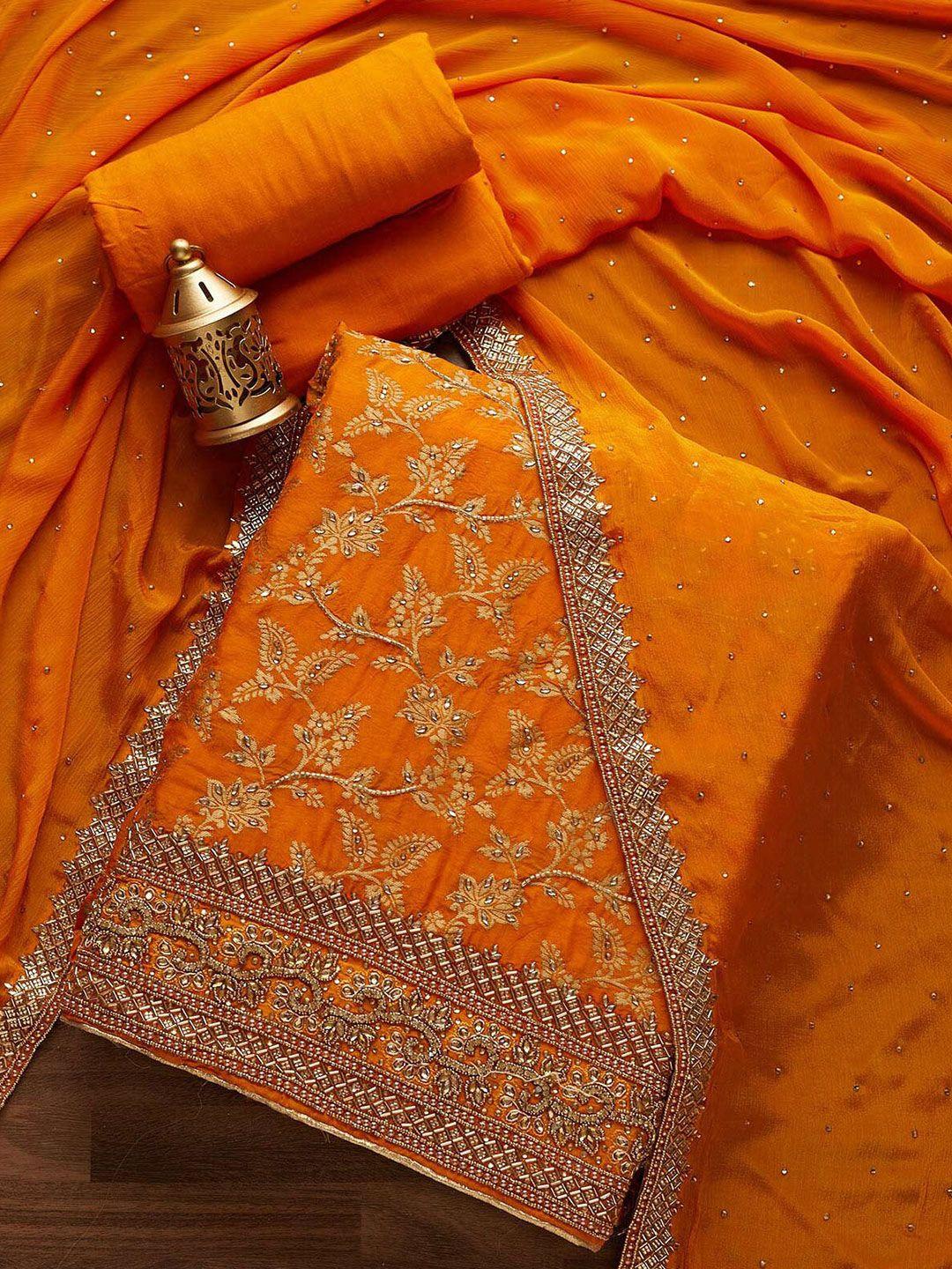 koskii women yellow & orange embroidered art silk unstitched dress material