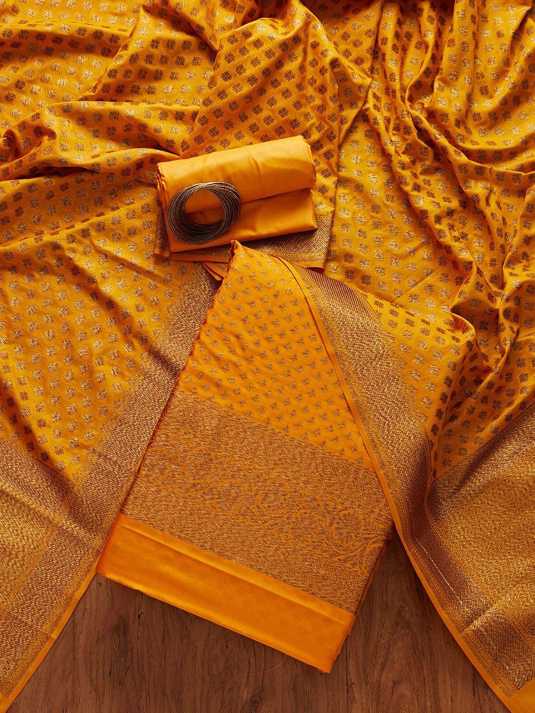 koskii yellow & gold-toned embroidered art silk unstitched dress material