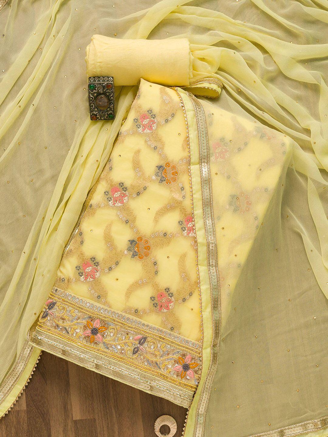 koskii yellow & gold-toned embroidered art silk unstitched dress material