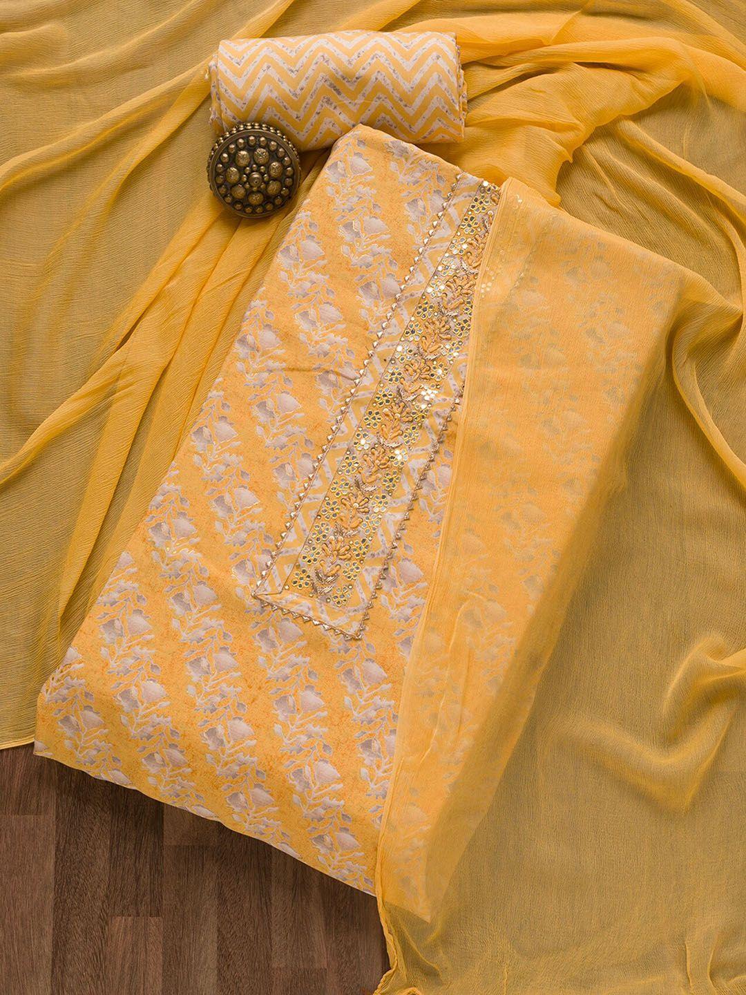 koskii yellow & grey printed unstitched dress material