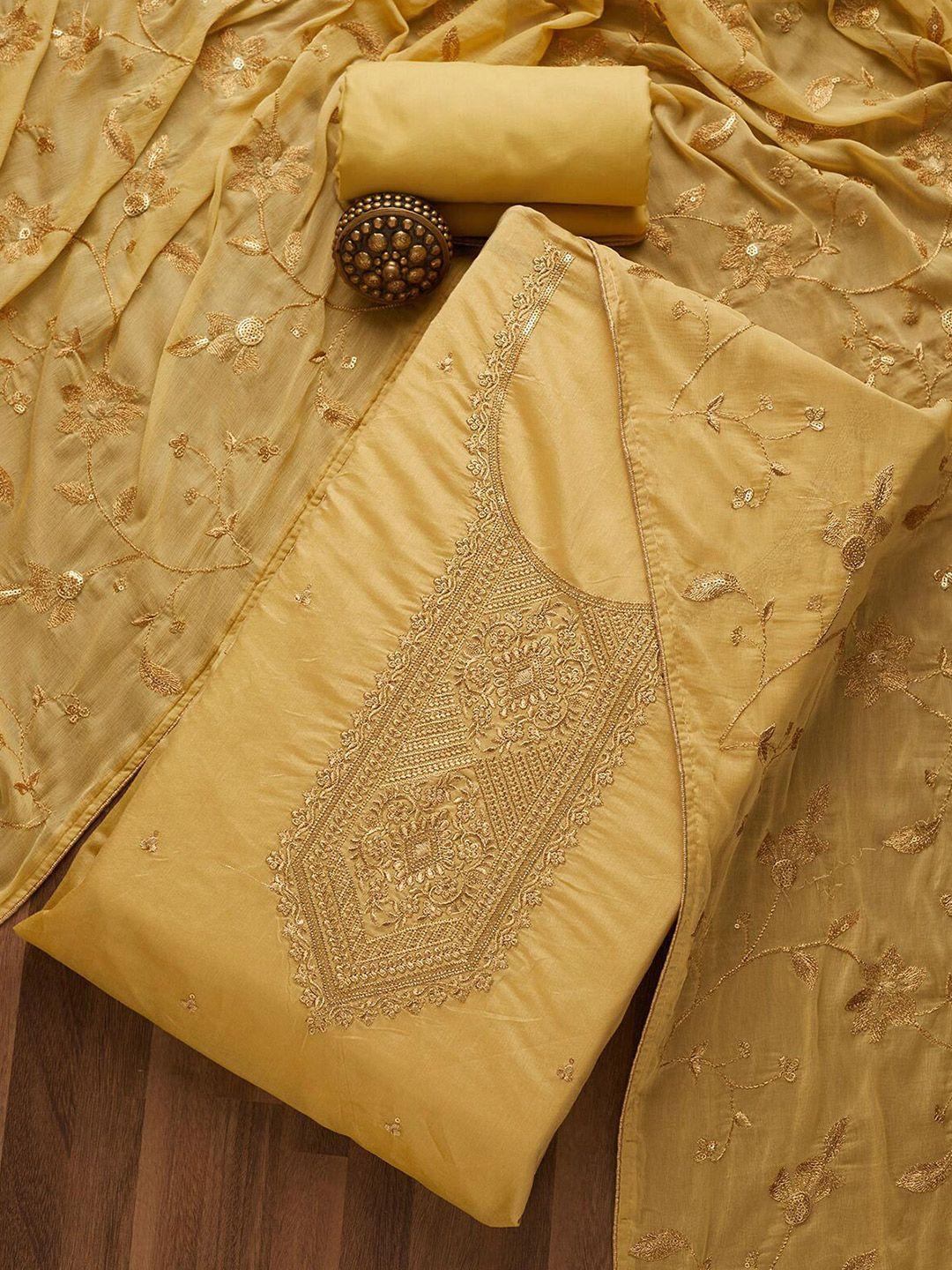 koskii yellow & red embroidered art silk unstitched dress material