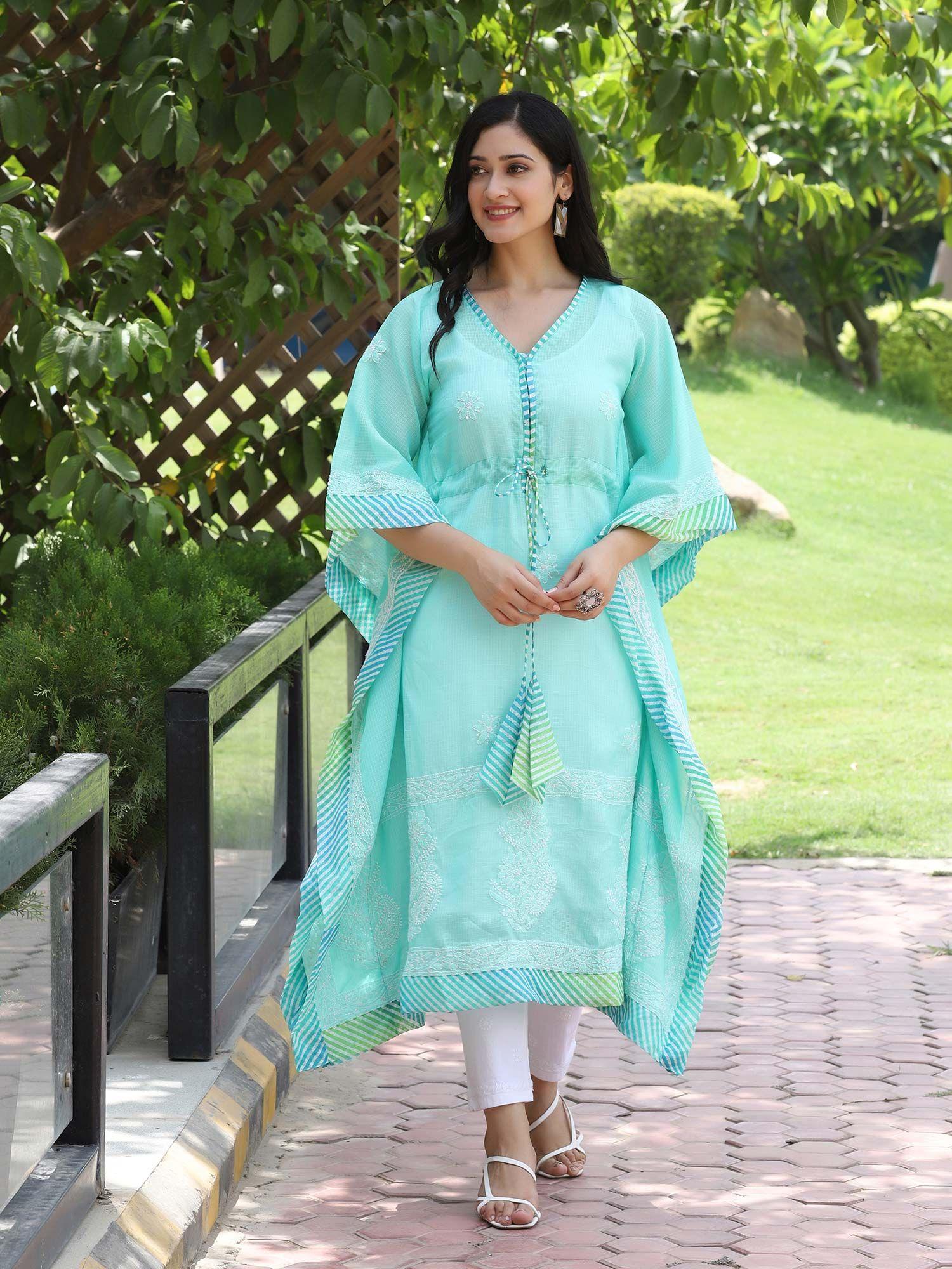 kota green chikankari kaftan with green leheriya border