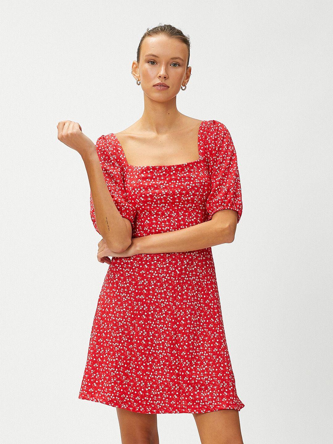 koton micro ditsy printed square neck puff sleeves a-line dress