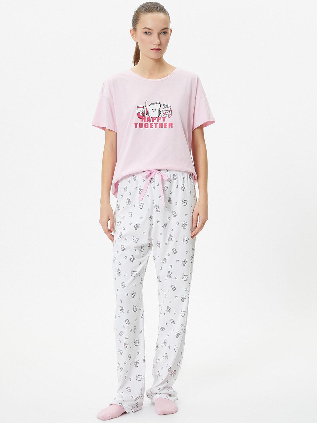 koton printed pure cotton t-shirt with pyjamas