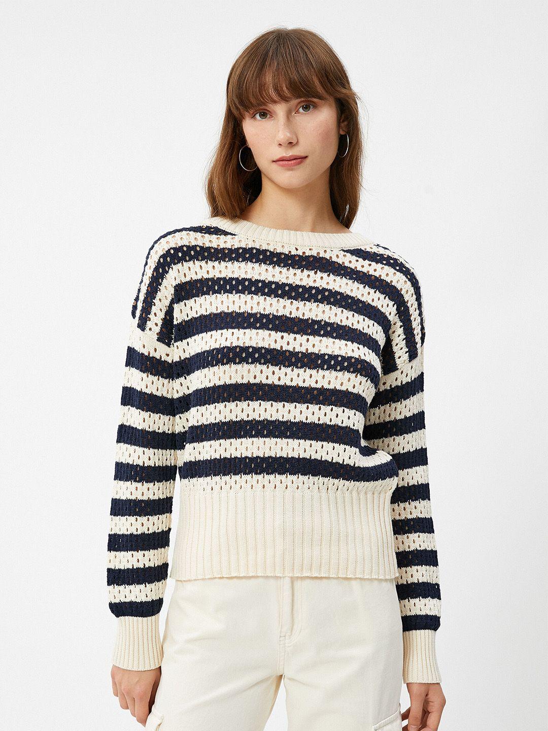koton striped & open knit boat neck pullover sweater