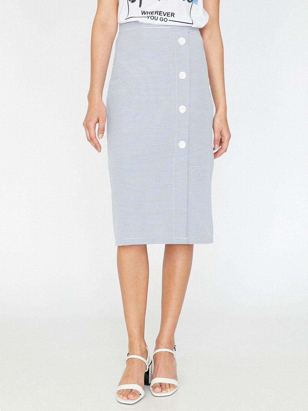 koton women white & navy blue striped straight midi skirt