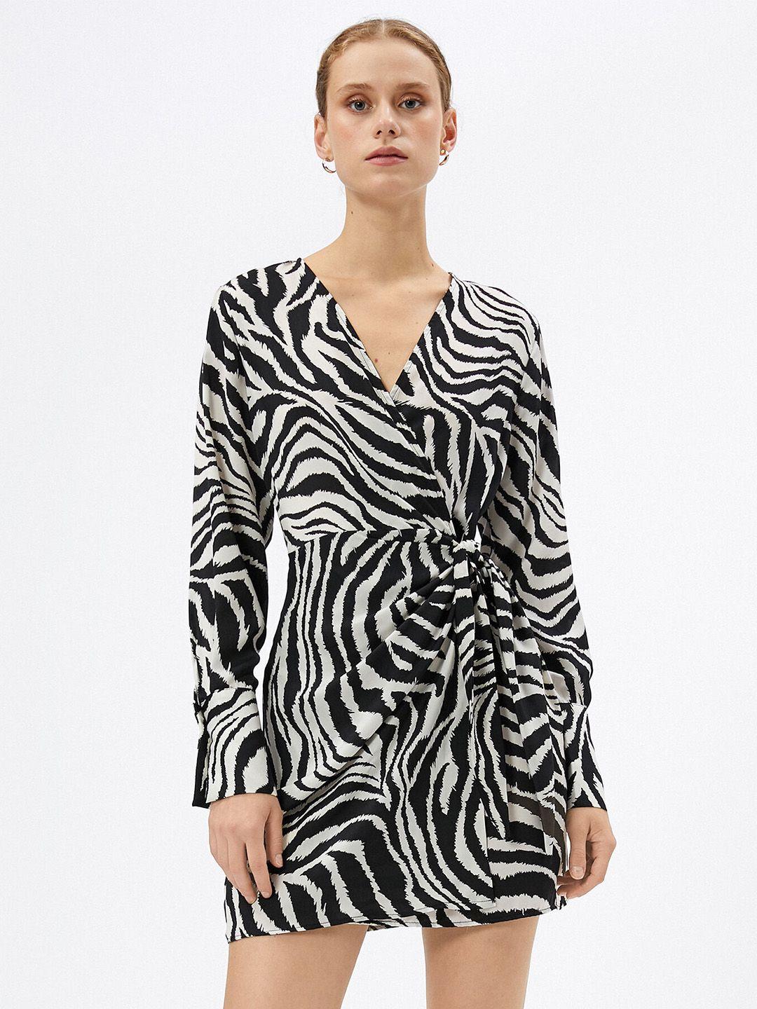 koton animal printed cuffed sleeve wrap mini dress