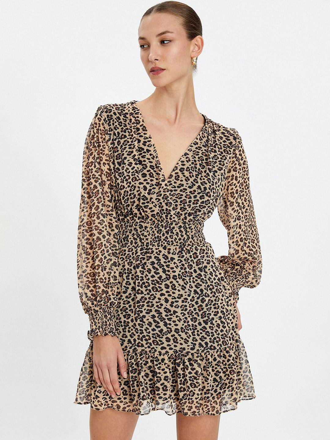 koton animal printed v-neck puff sleeve tiered a-line mini dress