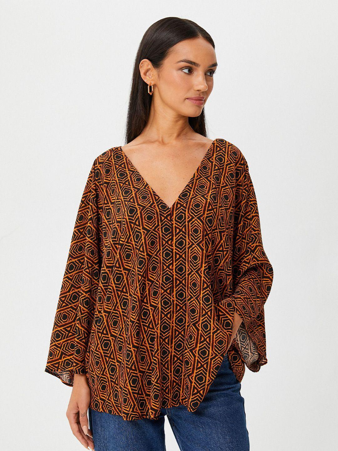 koton black & orange geometric print flared sleeve longline top