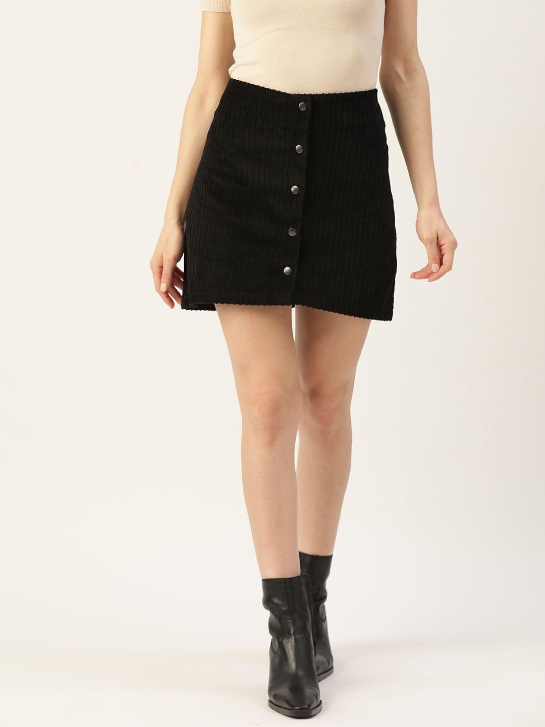 koton black solid pure cotton corduroy straight mini skirt