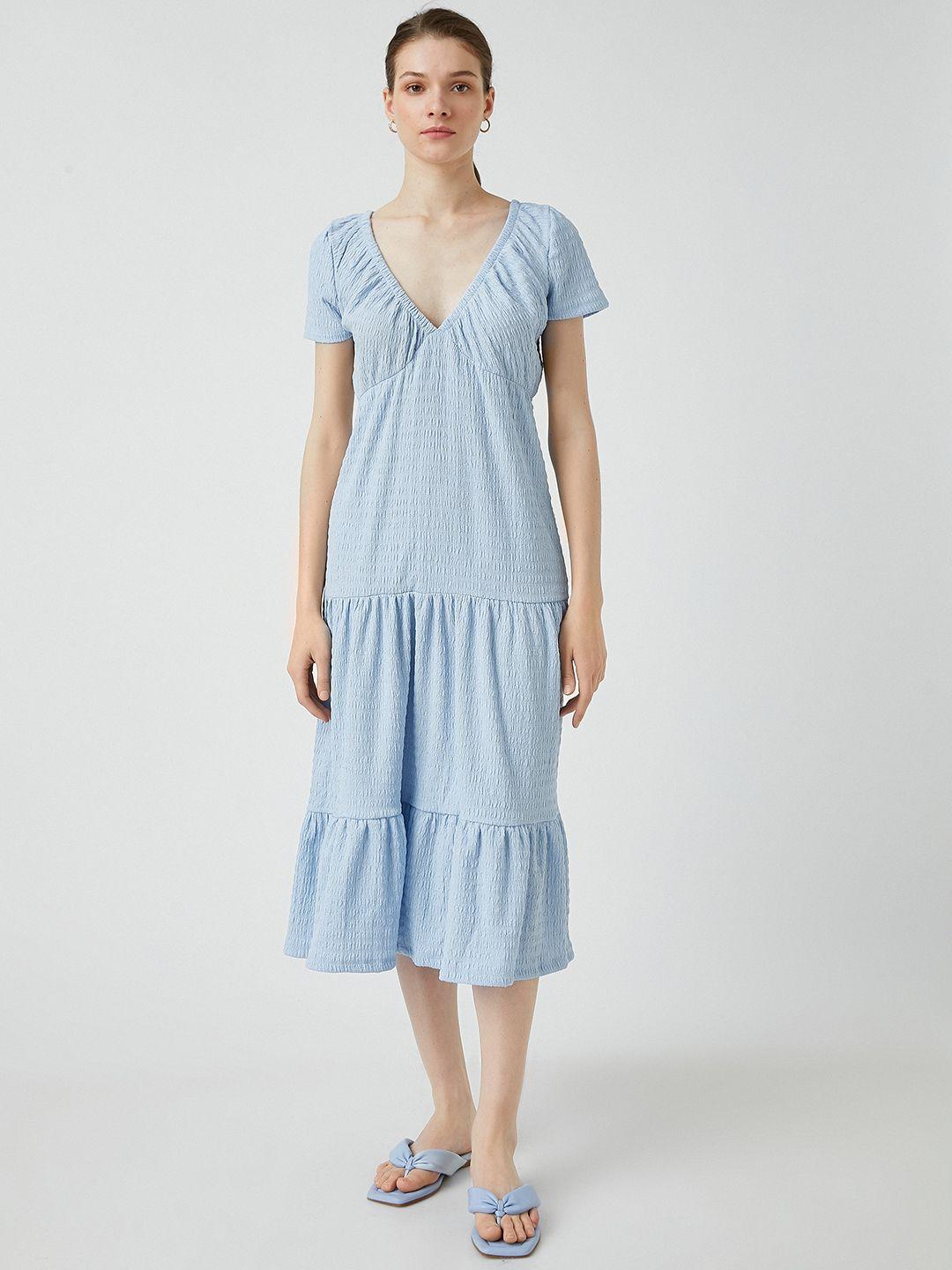 koton blue solid smocked tiered a-line midi dress
