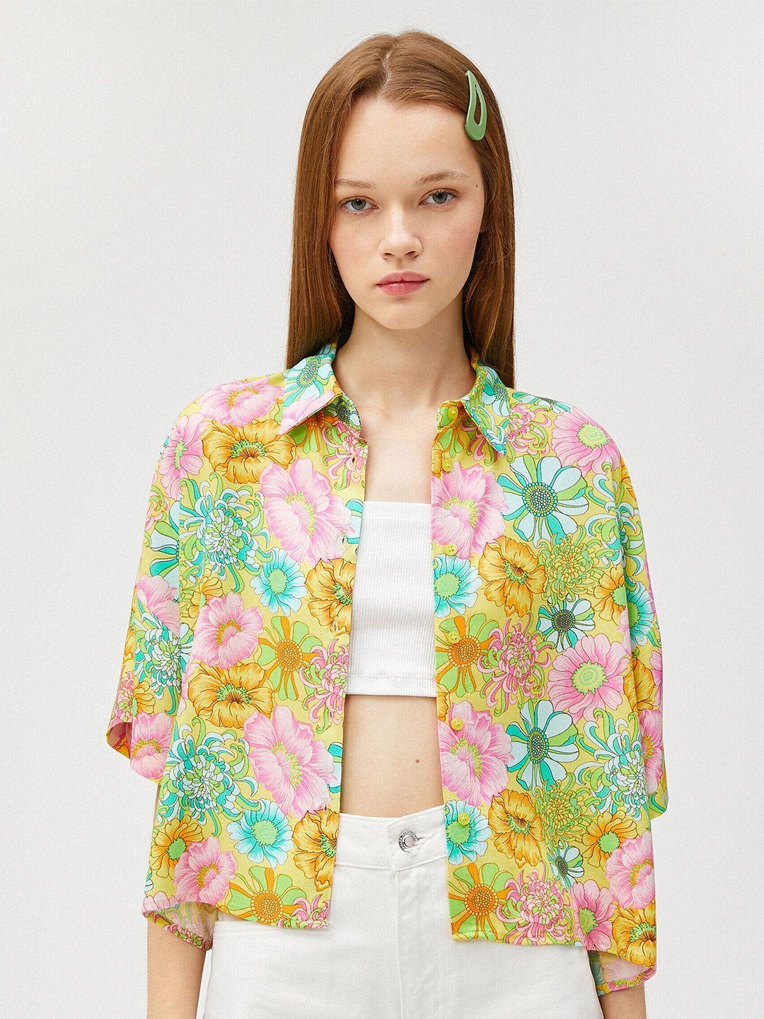 koton boxy floral printed spread collar casual shirt