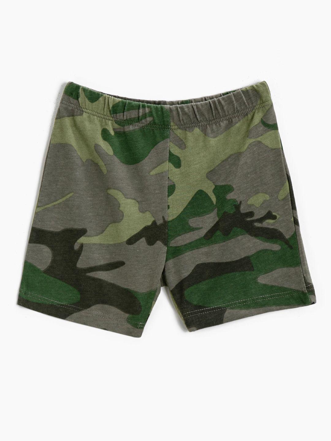 koton boys olive green pure cotton camouflage printed shorts