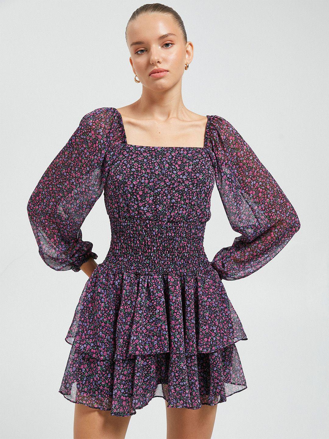 koton floral printed puff sleeve layered fit & flare mini dress