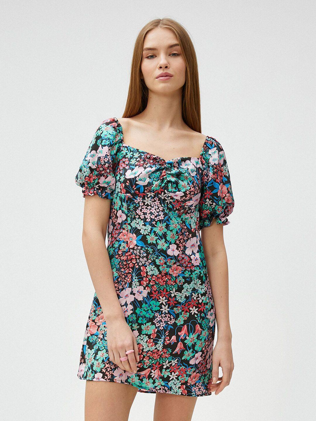 koton floral printed puff sleeves a-line mini dress