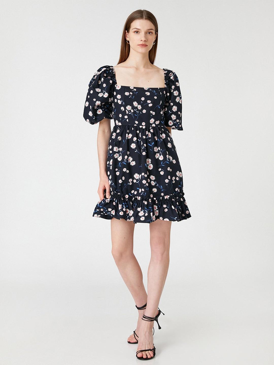 koton floral printed square neck puff sleeves fit & flare dress