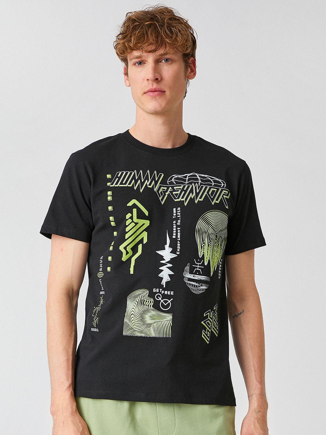 koton men black & fluorescent green abstract print pure cotton t-shirt