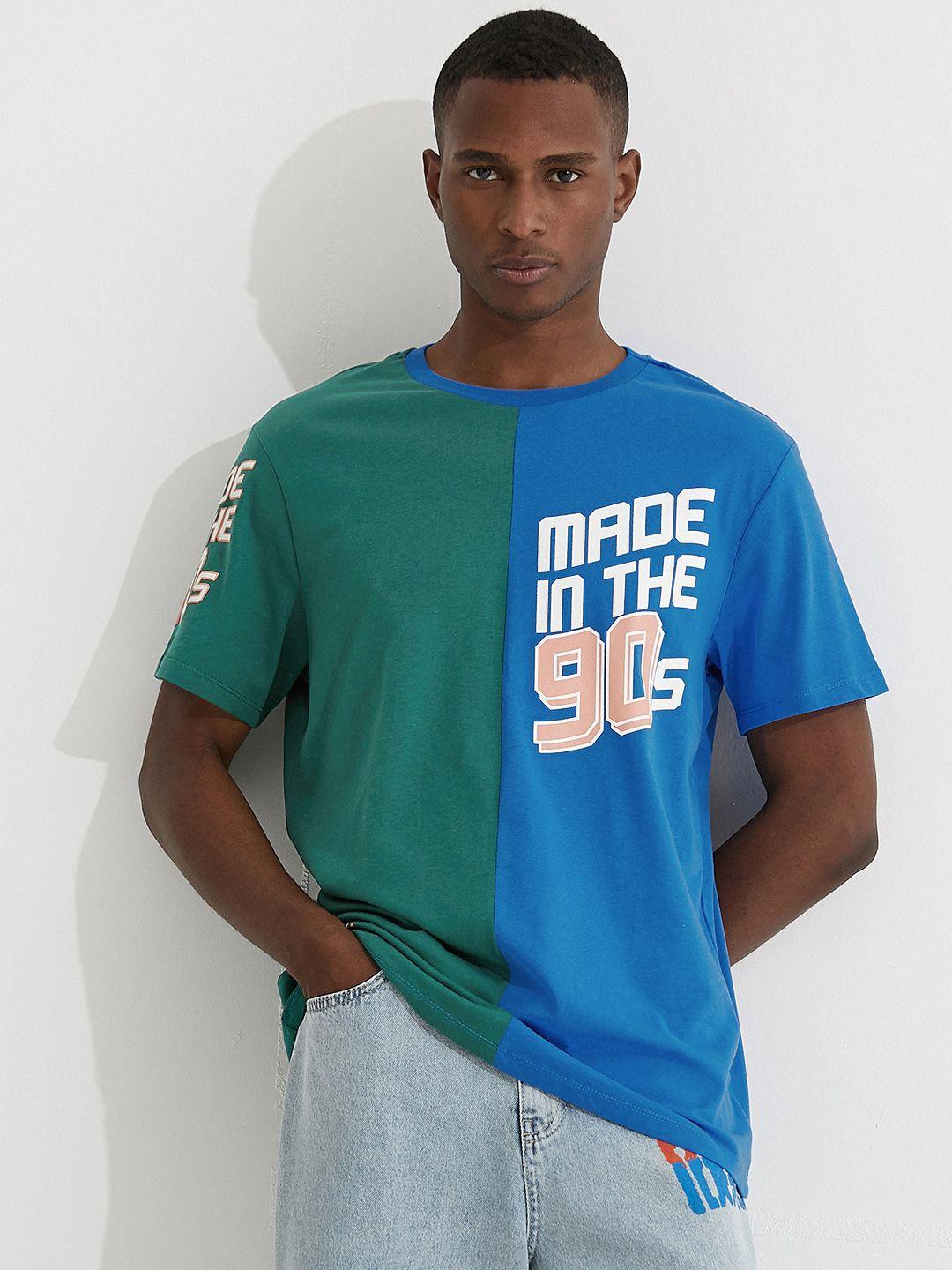 koton men blue & green typography printed pure cotton oversized t-shirt