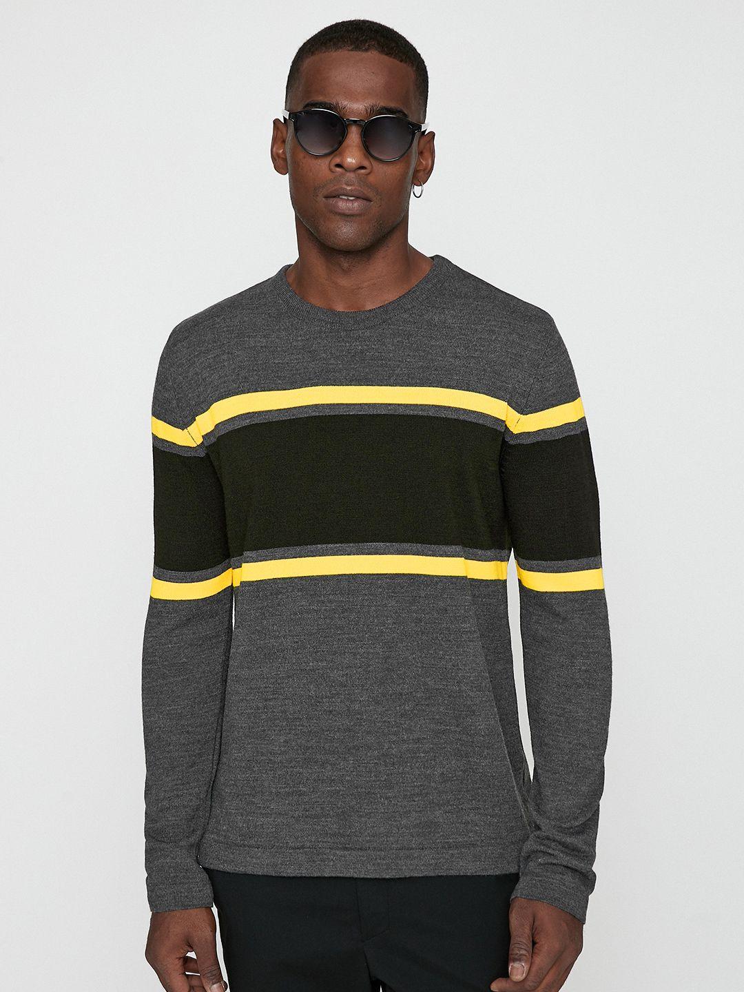 koton men grey melange & yellow striped pullover