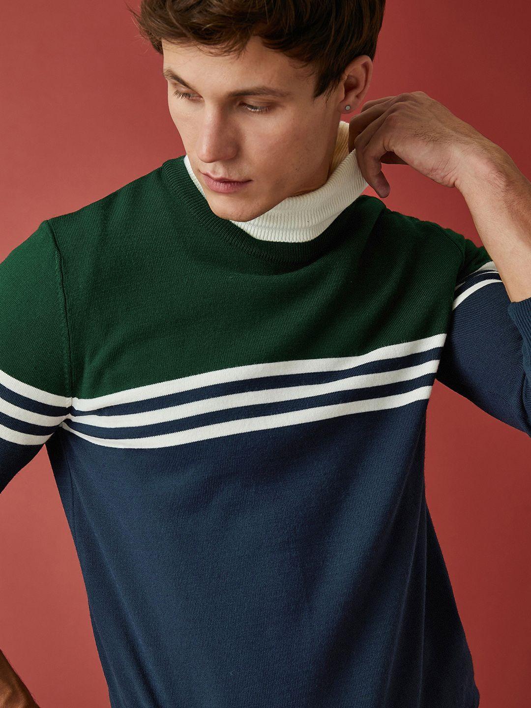 koton men navy blue & green striped pullover