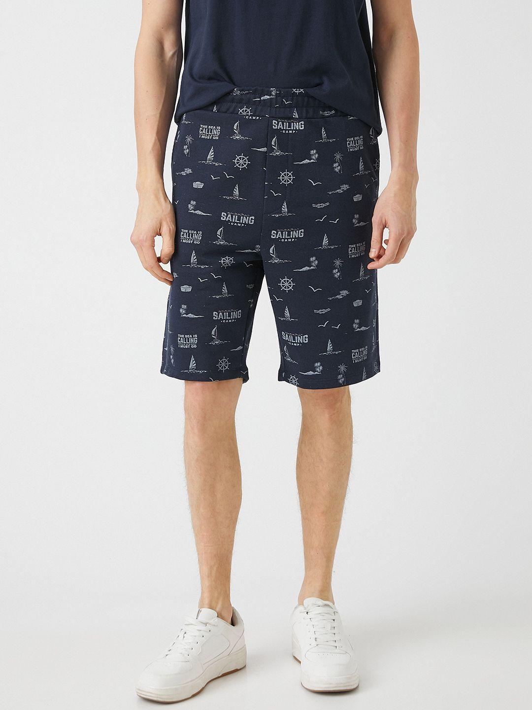koton men navy blue & white nautical print slim fit shorts