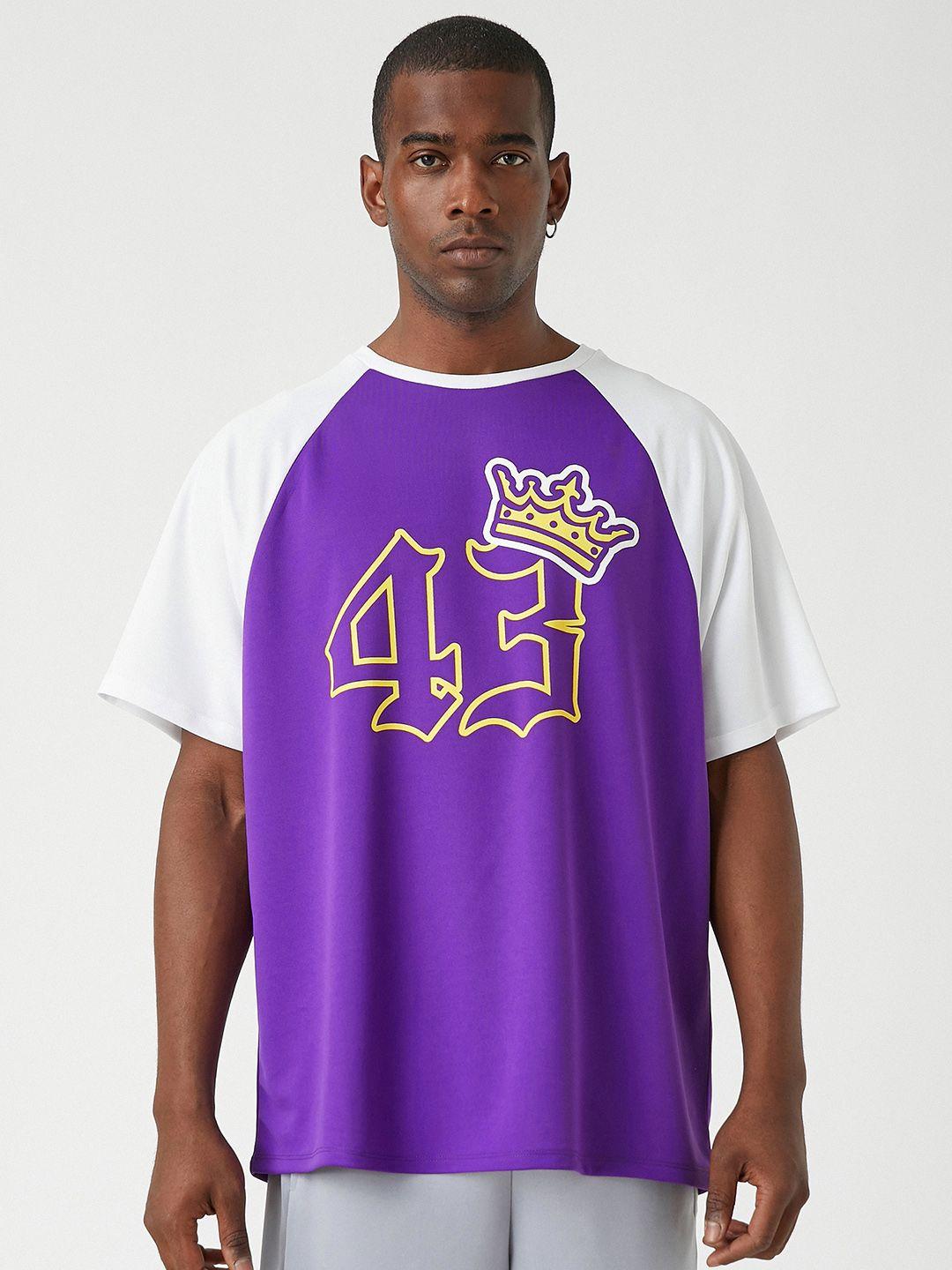 koton men purple & white typography printed basketball t-shirt