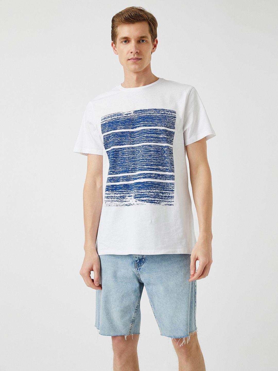 koton men white & blue printed pure cotton t-shirt