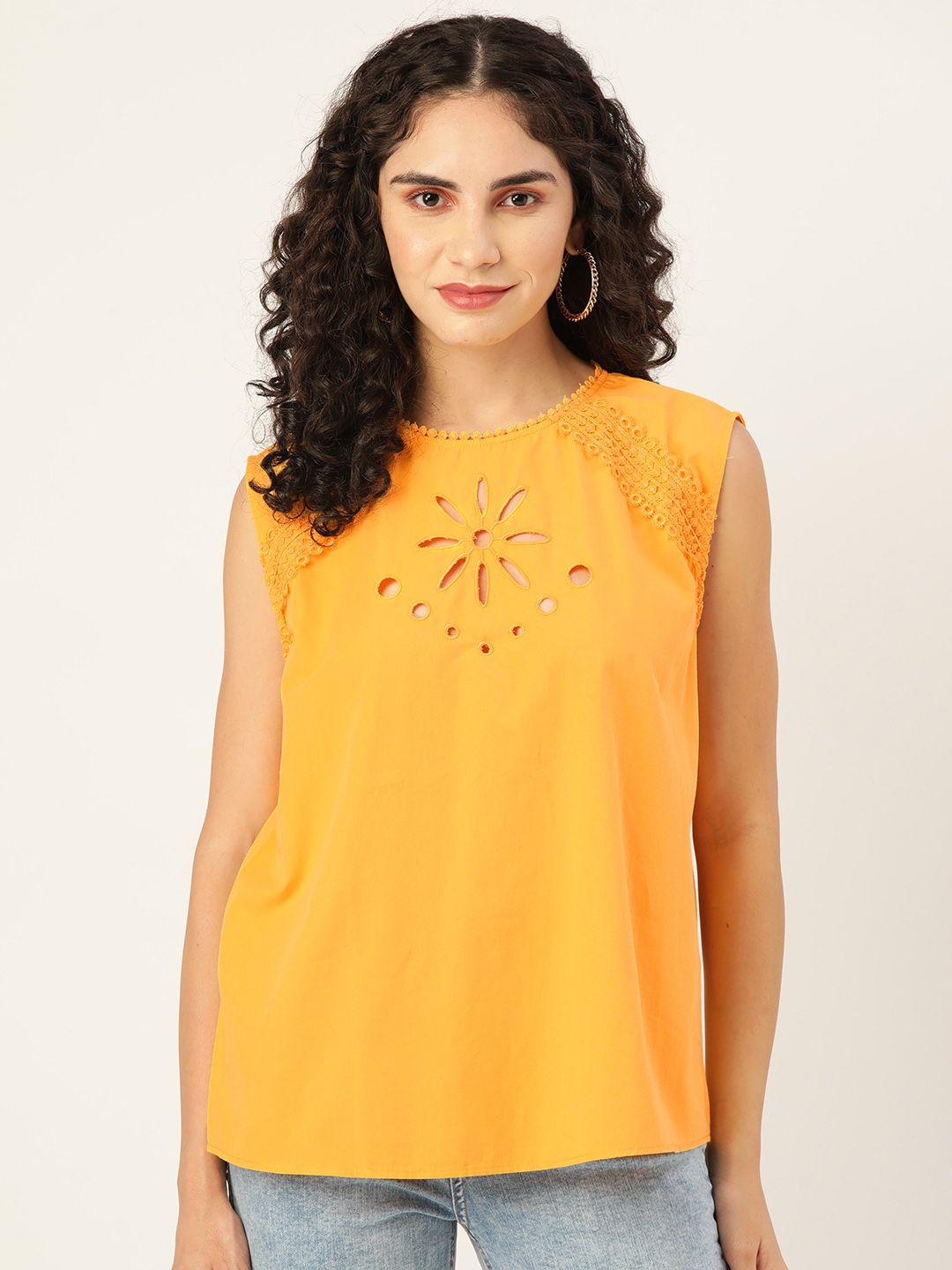 koton mustard yellow pure cotton solid cut-out detail top