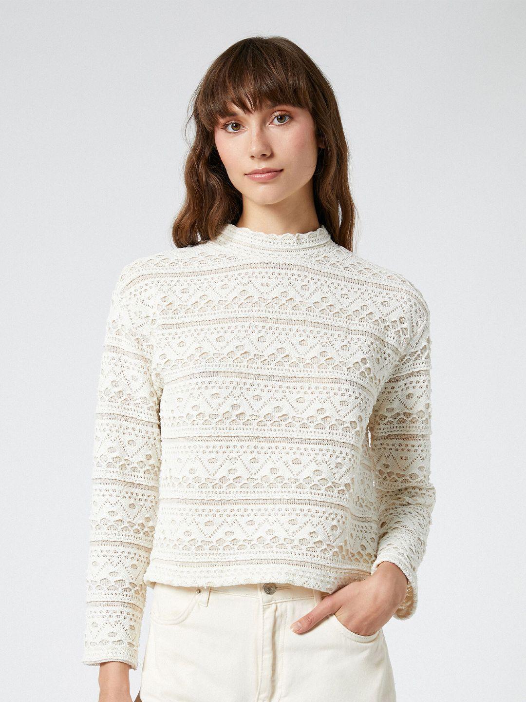 koton open knit round neck long sleeves pullover sweater