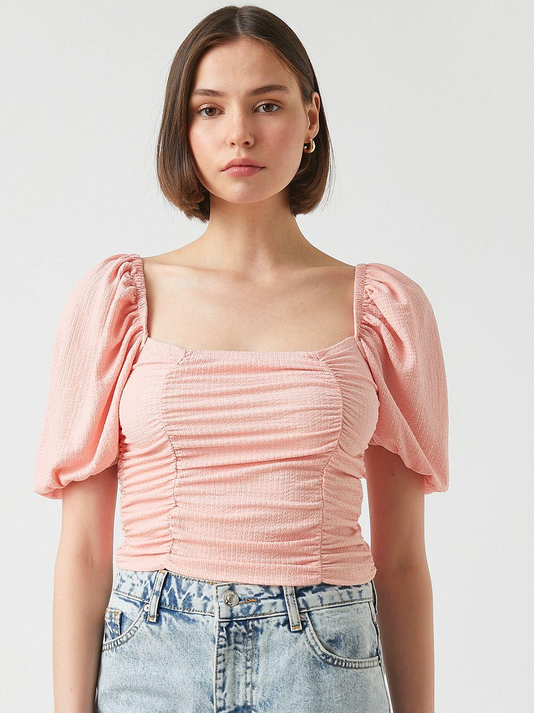koton pink textured puff sleeve fitted top