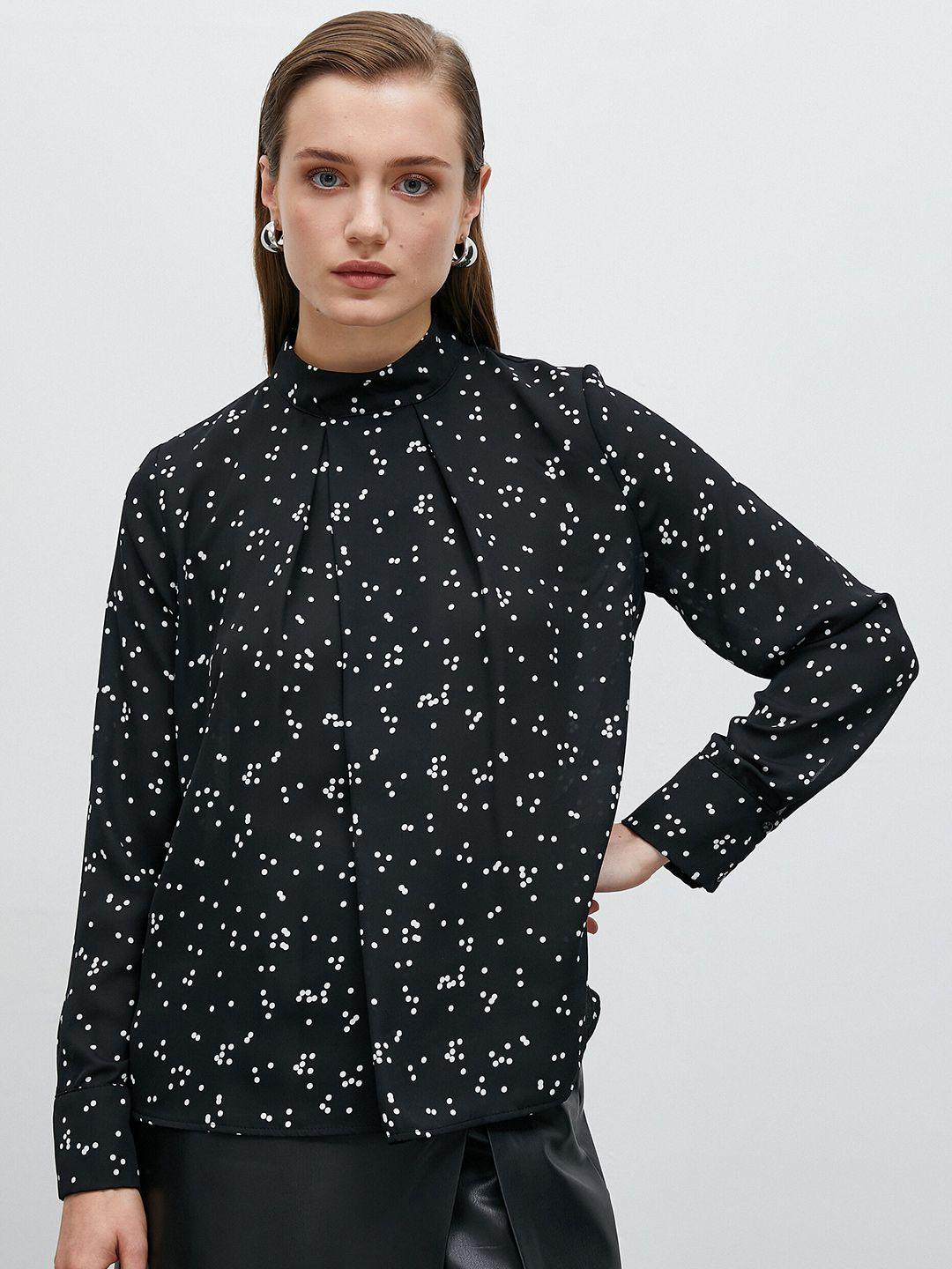 koton polka dots printed high neck cuffed sleeves pleated regular top