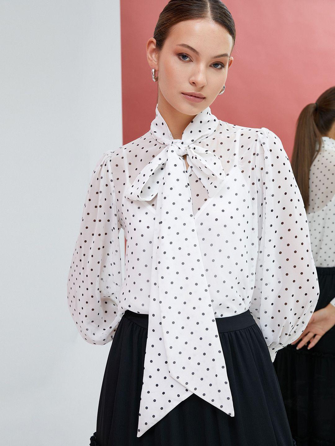 koton polka dots printed tie-up neck puff sleeves regular top