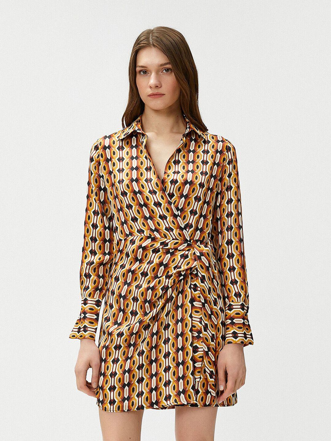 koton printed shirt collar wrap mini dress