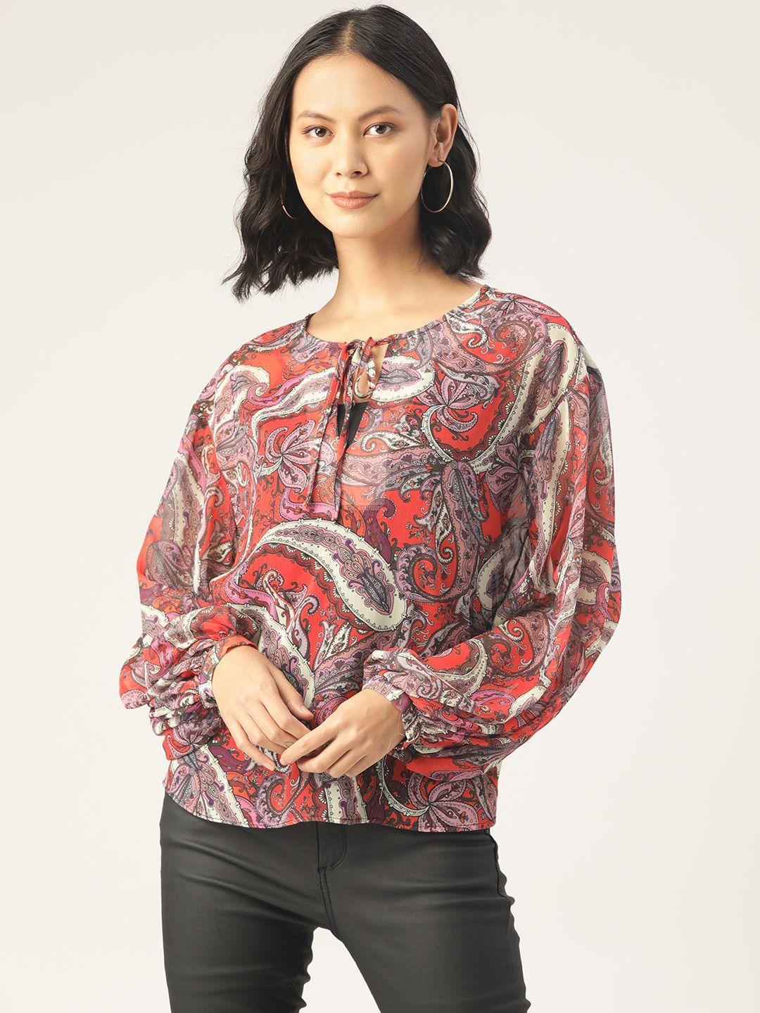 koton red & pink paisley print tie-up neck top