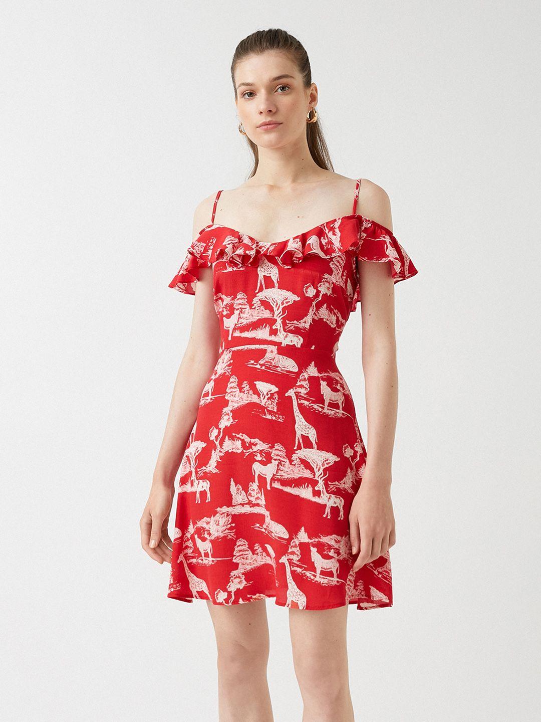 koton red & white printed bardot mini dress