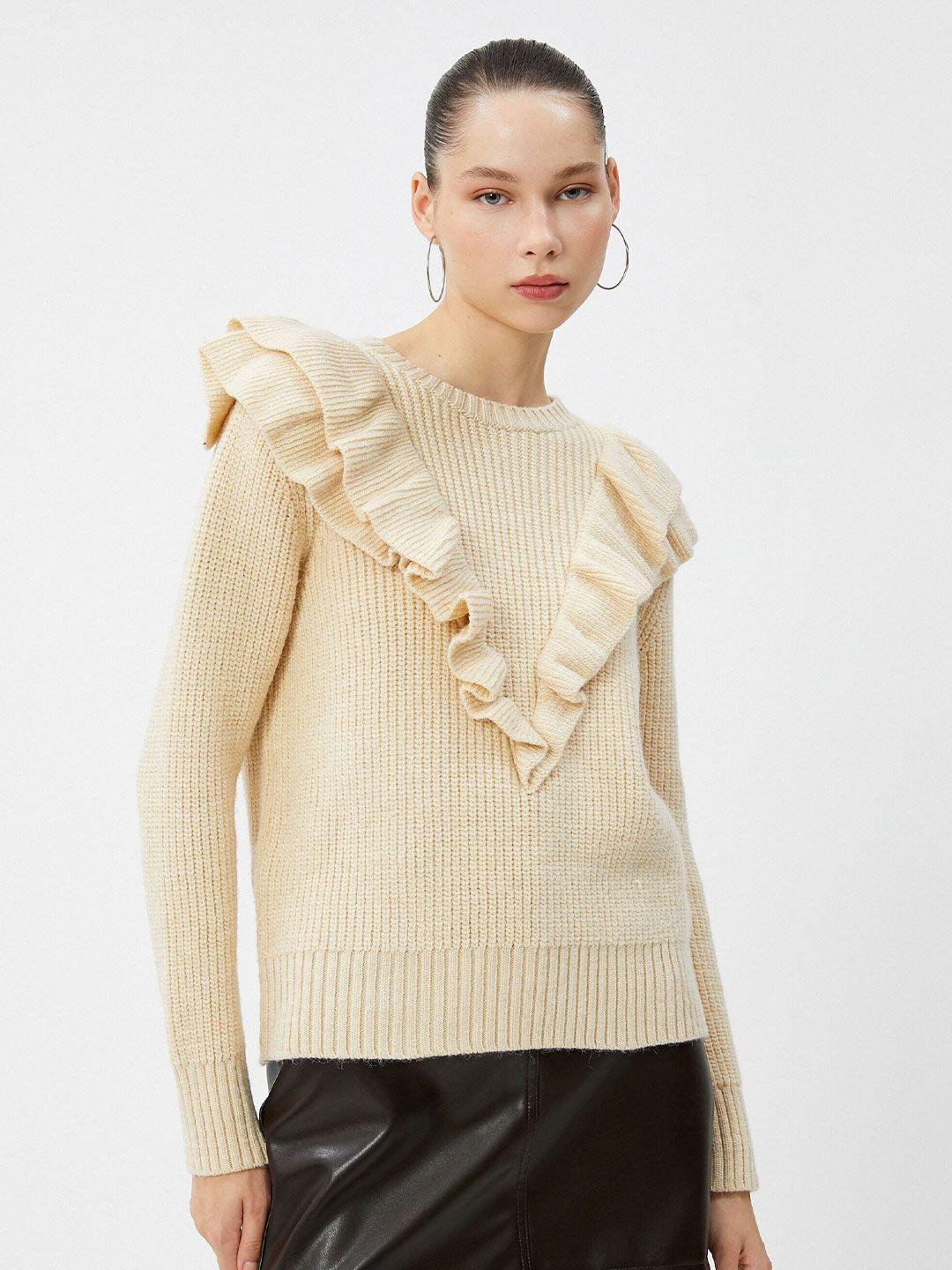 koton ribbed round neck long sleeves ruffles pullover sweater