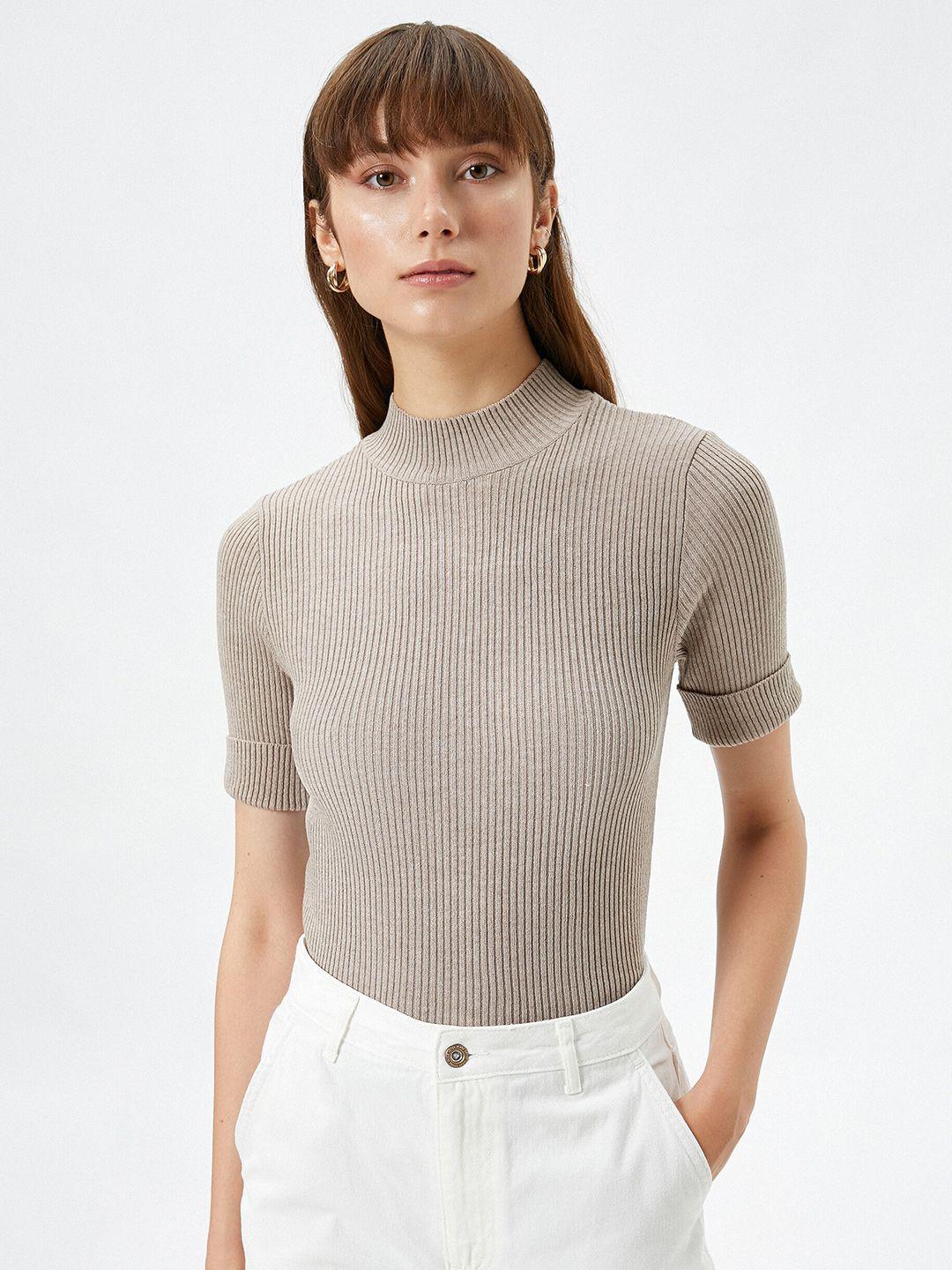 koton ribbed short sleeves mock collar acrylic pullover sweater