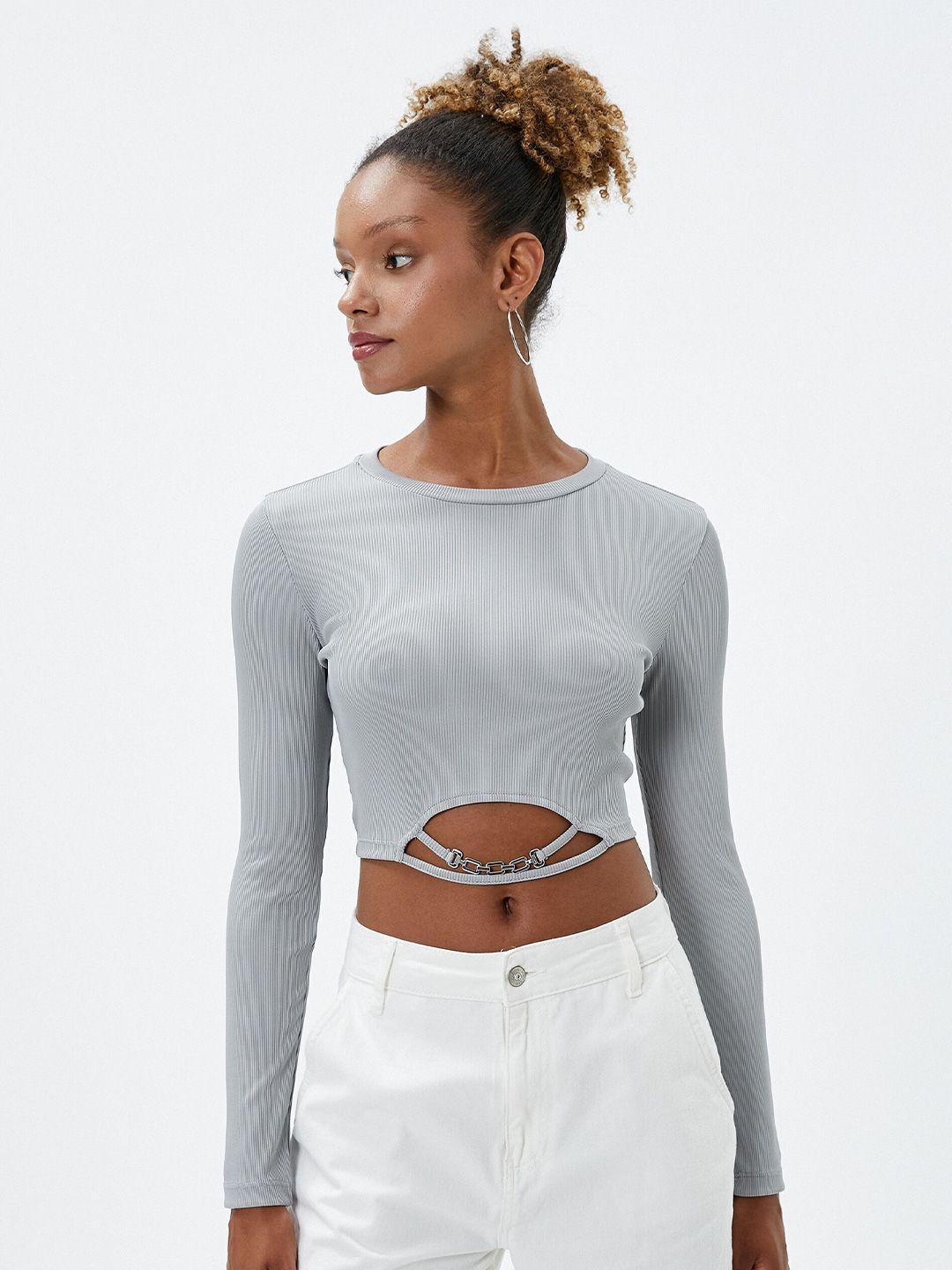 koton round neck long sleeves cut out crop top