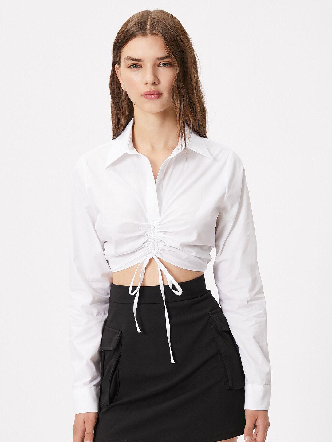 koton ruched pure cotton shirt style crop top