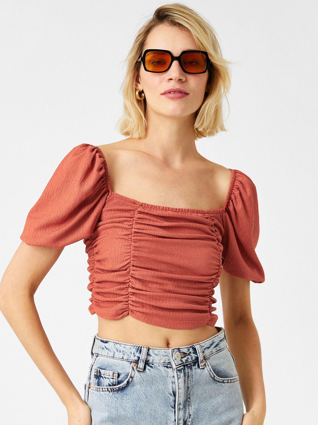 koton rust brown solid ruched crop top