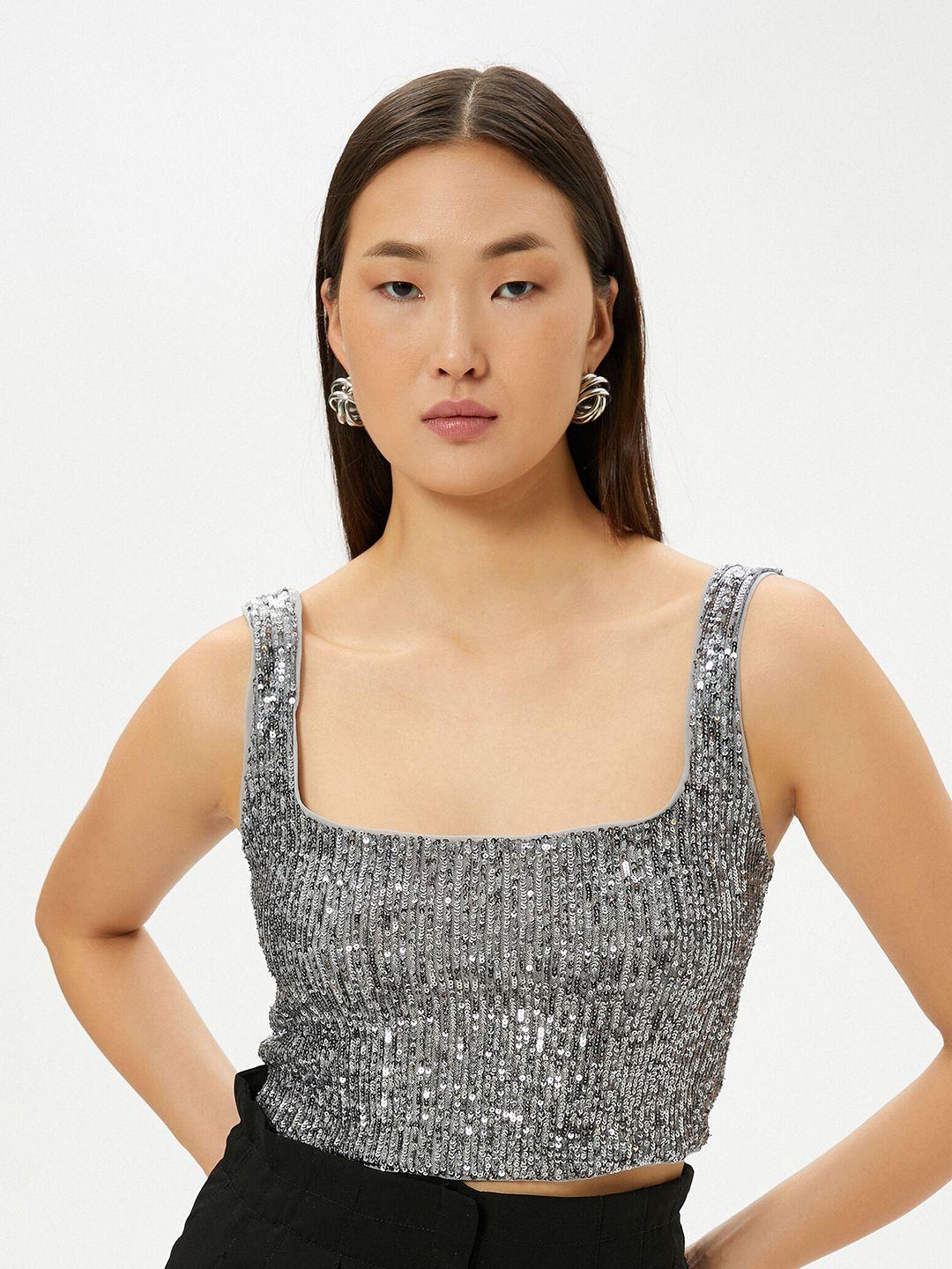 koton sequinned square neck fitted crop top