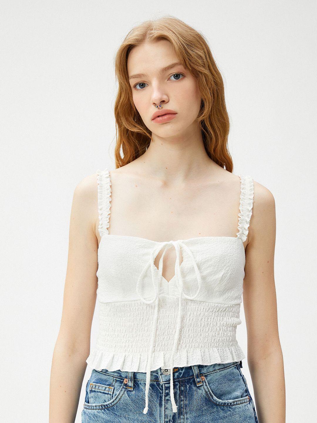 koton smocked shoulder strapped tie-up neck fitted crop top